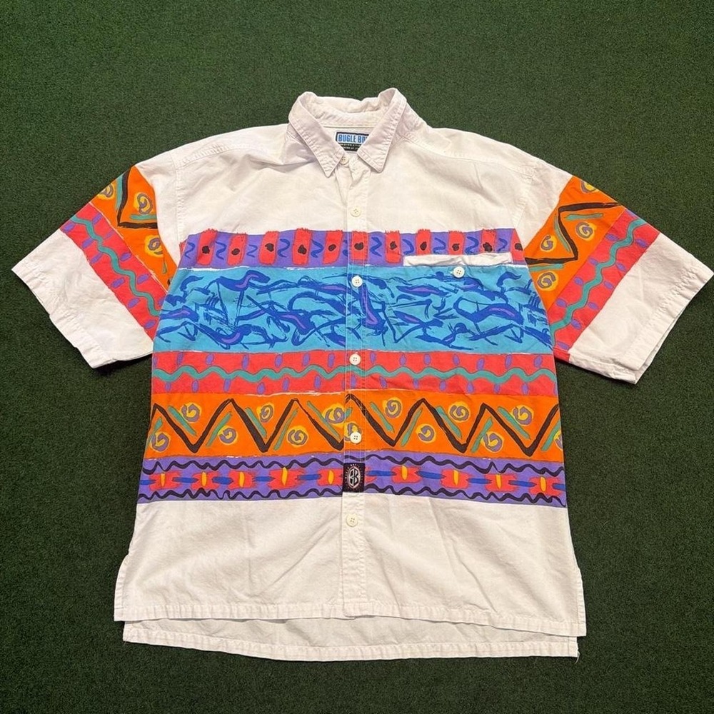 Vintage 90s bugle boy colorful button up shirt unique 1990s vtg button up shirt
